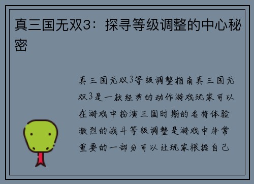 真三国无双3：探寻等级调整的中心秘密