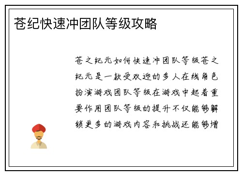 苍纪快速冲团队等级攻略